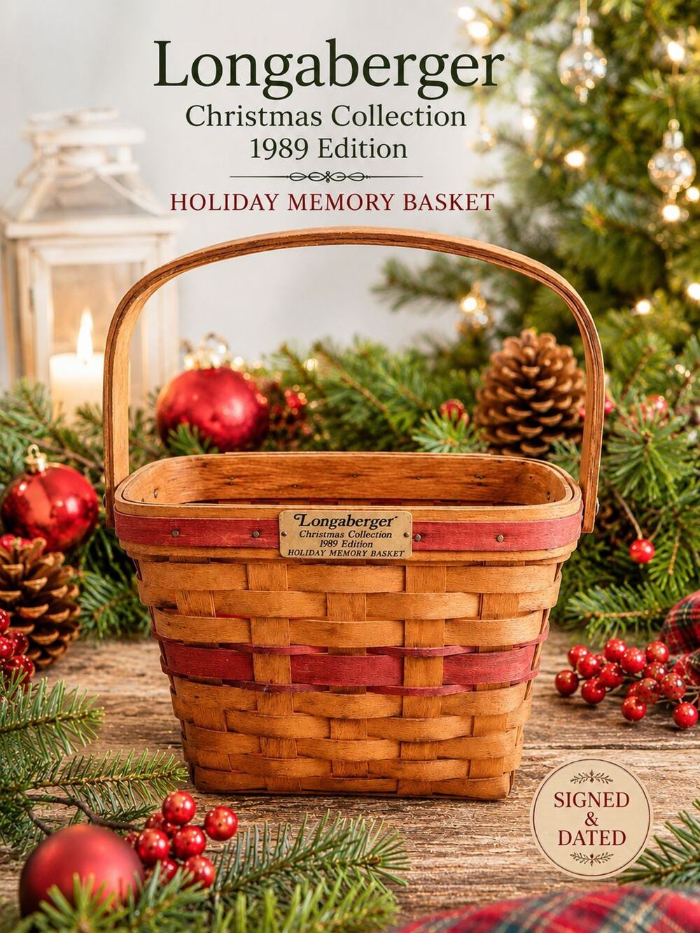 Longaberger 1989 Christmas Collection Holiday Memory Basket Signed Dated NoLiner